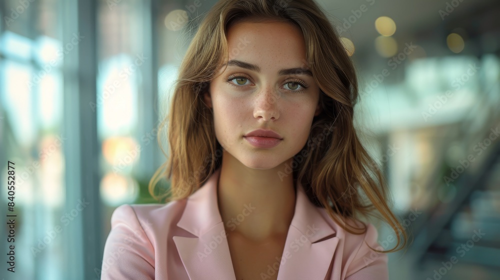An office background with a business woman in a pink blazer An office background with a business woman in a pink blazer