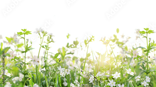 field of white wild flowers and green grass. cardamine pratensis in a meadow. morning light shines through the flowers. it s spring isolated on white background  space for captions  png
