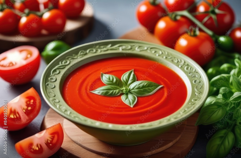 A delicious bowl of creamy tomato soup garnished with fresh basil leaves, set against a backdrop of ripe tomatoes and green basil. A delicious bowl of creamy tomato soup garnished with fresh basil leaves, set against a backdrop of ripe tomatoes and green basil.
