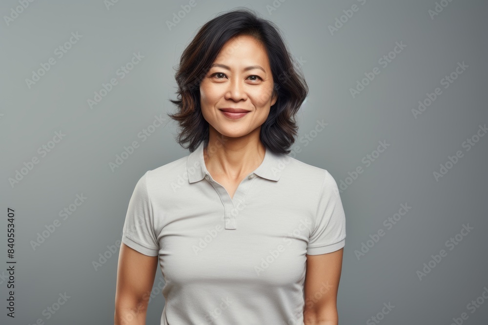 Portrait of a content asian woman in her 40s donning a classy polo shirt while standing against pastel gray background Portrait of a content asian woman in her 40s donning a classy polo shirt while standing against pastel gray background