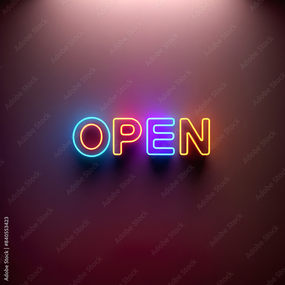 Neon open sign glowing on a dark wall at night Neon open sign glowing on a dark wall at night