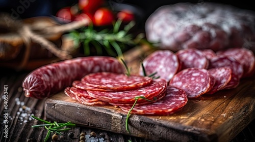 Assorted charcuterie board featuring sliced salami, whole sausage, and fresh herbs on a rustic wooden surface.