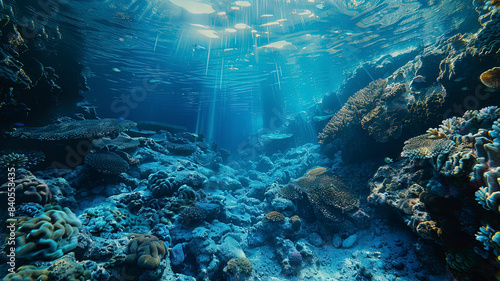 coral blue water in the ocean, oceanic view, underwater life scene, coral blue background © Gegham
