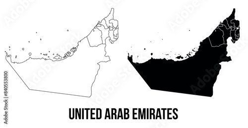 United Arab Emirates map of country regions districts vector black on white and outline	