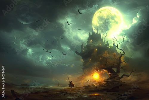 Eerie castle under a glowing full moon with a lone wanderer and bats in a dark  mystical landscape  evoking fantasy and mystery.