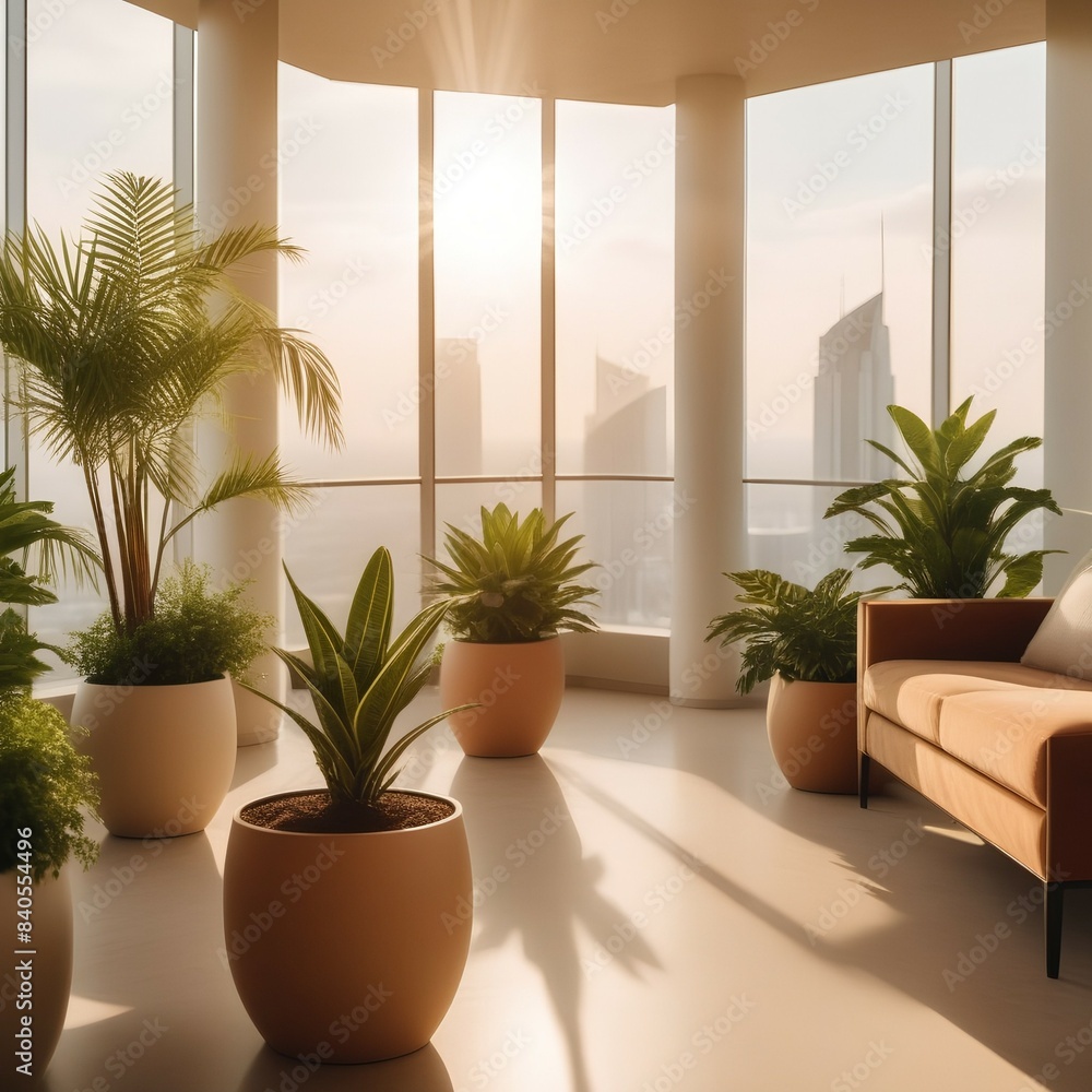 luxurious loft apartment window minimalistic interior living room design 3D Illustration