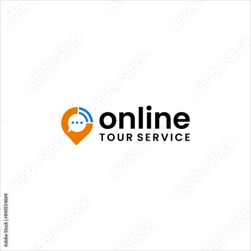 online tour travel service logo. pin place icon. chat bubble vector template with signal symbol 