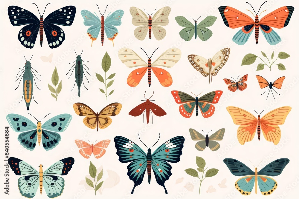 Insect mimicry adaptations flat design, top view, entomology theme, cartoon drawing, colored pastel Insect mimicry adaptations flat design, top view, entomology theme, cartoon drawing, colored pastel