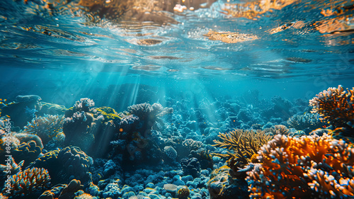 coral blue water in the ocean  oceanic view  underwater life scene  coral blue background