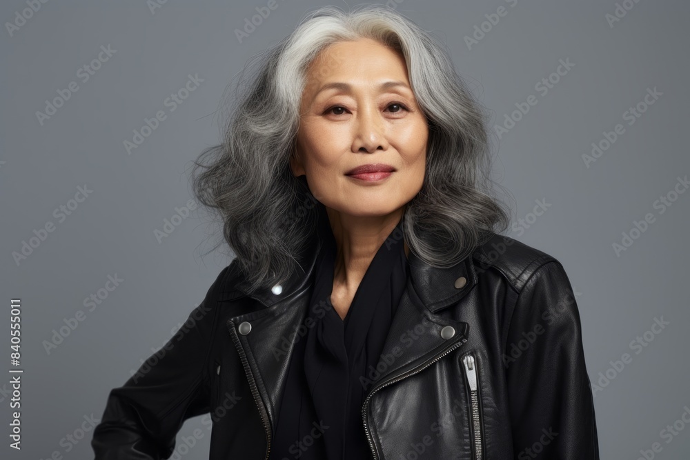 Portrait of a tender asian woman in her 80s sporting a classic leather jacket while standing against pastel gray background Portrait of a tender asian woman in her 80s sporting a classic leather jacket while standing against pastel gray background