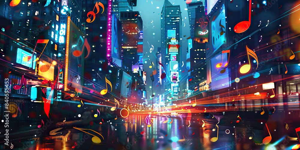 Neon Music Vibes: Music Notes Illuminated by Neon Lights in a Retro Futuristic Cityscape Neon Music Vibes: Music Notes Illuminated by Neon Lights in a Retro Futuristic Cityscape