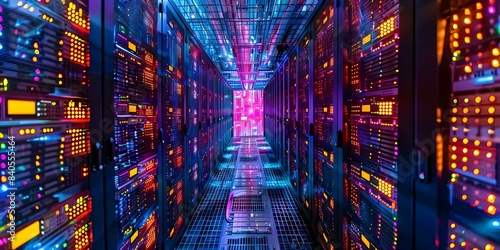 High-Frequency Trading Data Center Overhead Shot of Computer Servers. Concept Financial Technology, Data Centers, High-Frequency Trading, Server Farm, Computer Servers photo