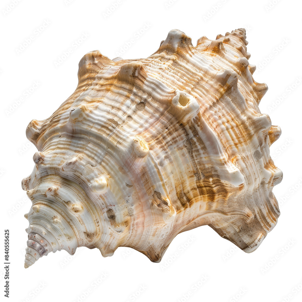 Obraz premium Close-up of a beautiful conch shell with intricate details and natural texture, isolated on white background.