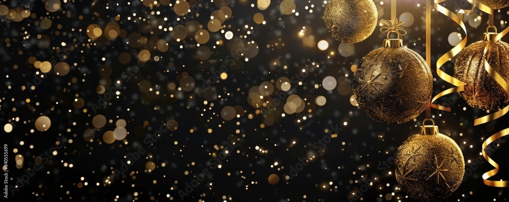 Christmas Banner - Black Background With Glitter And Shiny Balls Christmas Banner - Black Background With Glitter And Shiny Balls