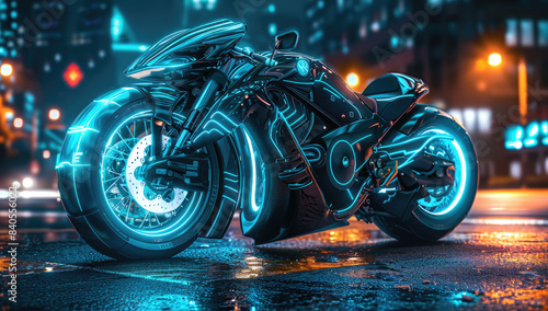 Black sports bike with blue lights on it. Created with Ai