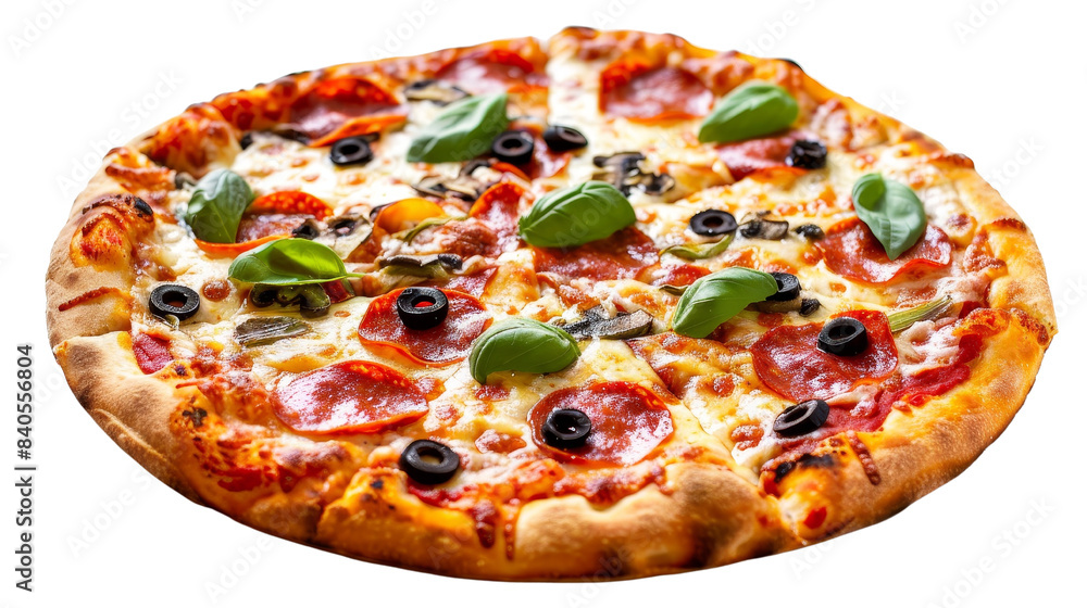 Delicious pepperoni pizza topped with fresh basil leaves, black olives, and melted cheese on a crispy crust. Delicious pepperoni pizza topped with fresh basil leaves, black olives, and melted cheese on a crispy crust.