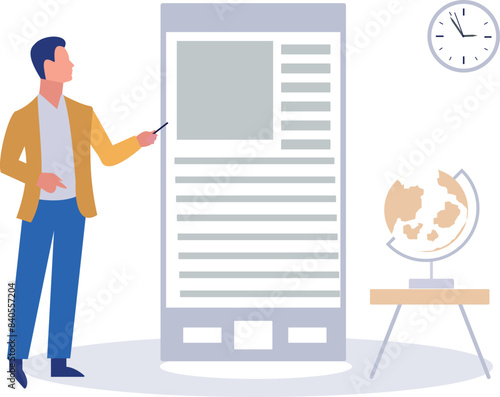 Boy pointing at article on mobile.