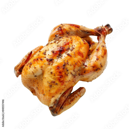 Golden roasted whole chicken with crispy skin and herbs, isolated on white background, perfect for culinary and food shoots.