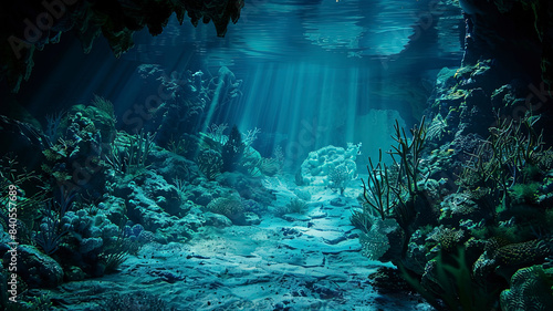 coral blue water in the ocean  oceanic view  underwater life scene  coral blue background