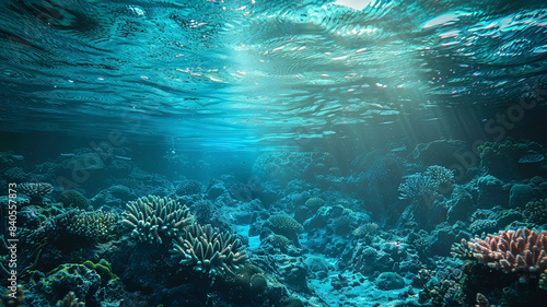 coral blue water in the ocean  oceanic view  underwater life scene  coral blue background