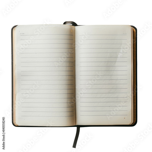 Open lined journal with blank pages ready for writing or note-taking, isolated on white background. Ideal for writers, students, and professionals.