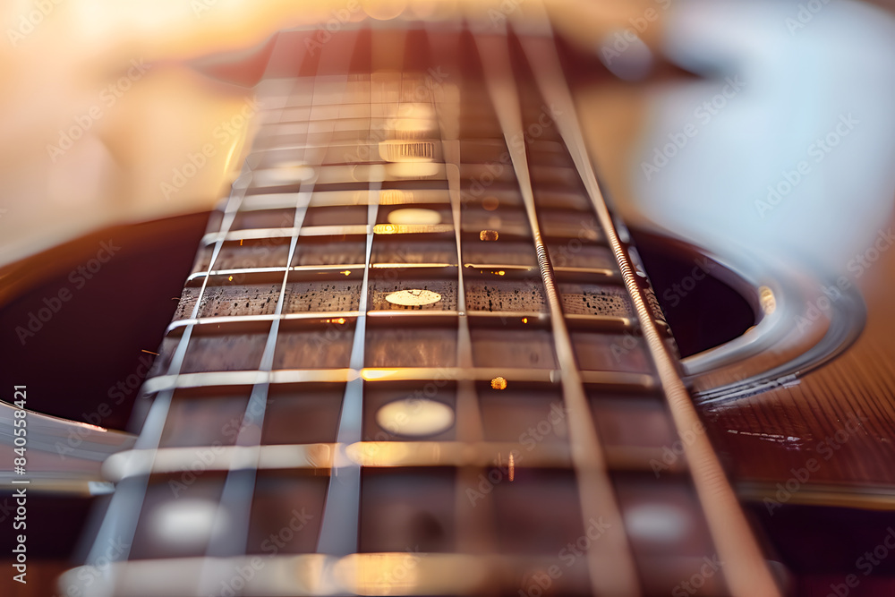 A close-up of a guitar's strings and frets, with a blurred background providing ample copy space for music-related content A close-up of a guitar's strings and frets, with a blurred background providing ample copy space for music-related content