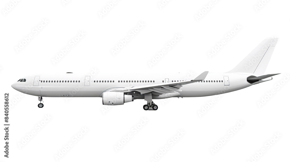 Side view of a large, modern commercial airplane isolated against a white background, perfect for aviation or travel-related content. Side view of a large, modern commercial airplane isolated against a white background, perfect for aviation or travel-related content.