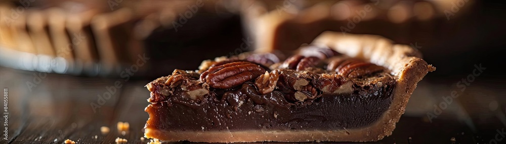 Close-up of a delicious pecan pie slice, showcasing the rich texture and nutty topping, perfect for dessert and holiday celebrations. Close-up of a delicious pecan pie slice, showcasing the rich texture and nutty topping, perfect for dessert and holiday celebrations.