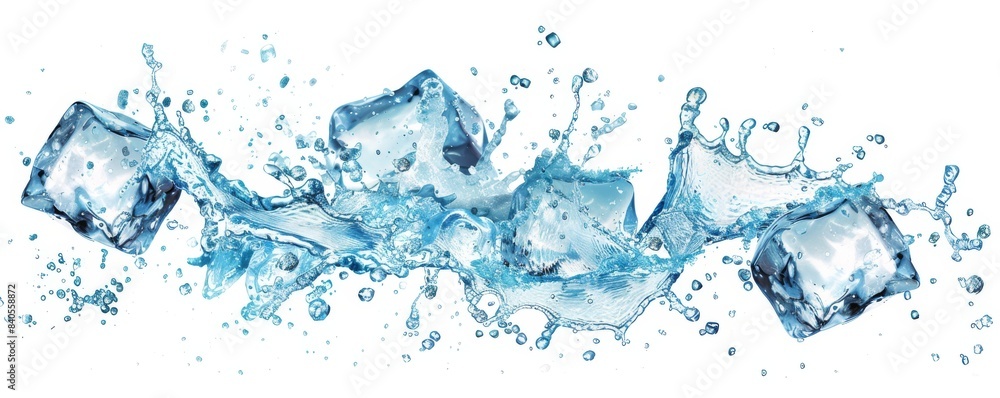 Refreshment Concept - Ice Cubes Falling In Cold Water With Splash Refreshment Concept - Ice Cubes Falling In Cold Water With Splash