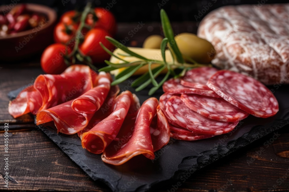 Close-up of a charcuterie board with assorted cured meats, fresh tomatoes, cheese, and olives on a rustic wooden table.