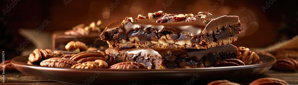 Close-up of chocolate pecan bark on a dark plate. Rich, chewy homemade chocolate, ideal for dessert, gift, or indulgence, and food photography. Close-up of chocolate pecan bark on a dark plate. Rich, chewy homemade chocolate, ideal for dessert, gift, or indulgence, and food photography.