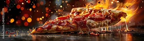 Close-up of sizzling pepperoni pizza slice with melty cheese, surrounded by warm bokeh lights, for a delicious and mouthwatering look. photo