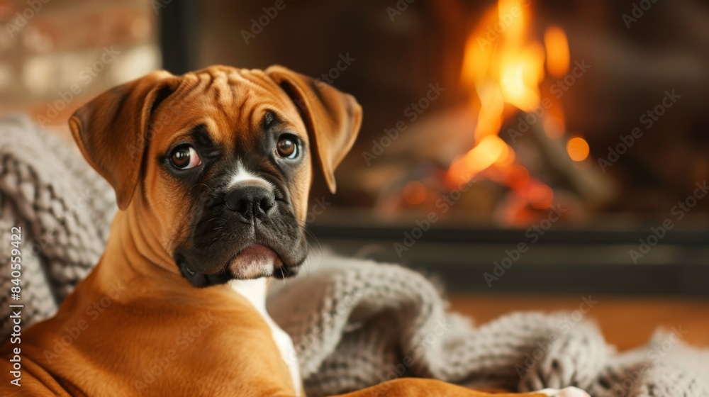 A brown and white boxer puppy relaxes on a blanket in front of a fireplace, staring intently at the viewer. A brown and white boxer puppy relaxes on a blanket in front of a fireplace, staring intently at the viewer.