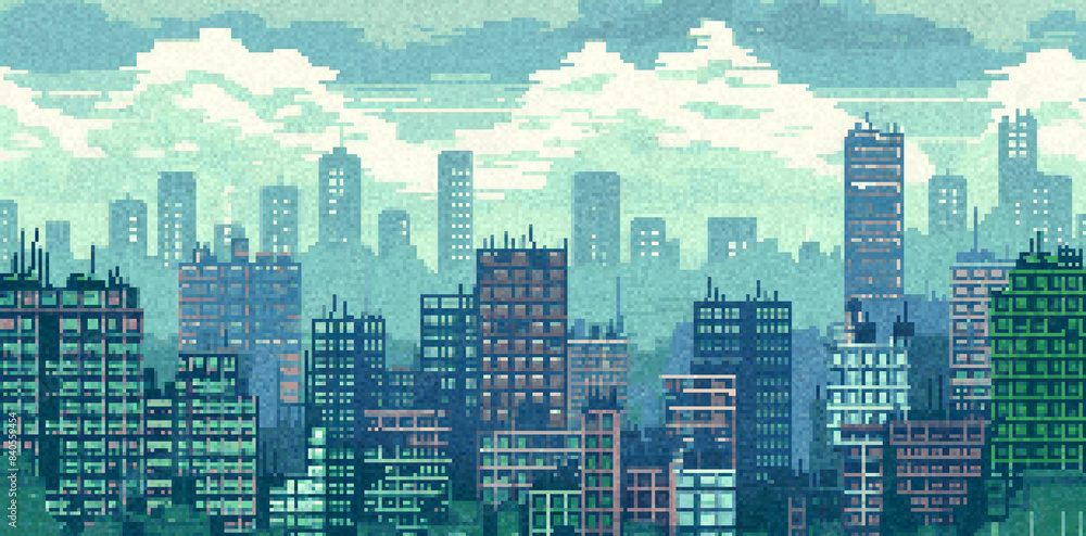 pixel art of video game background gothic city buildings and foggy sky