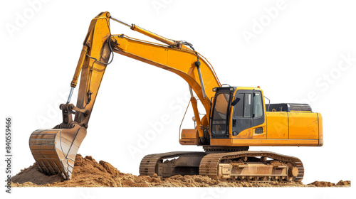 Yellow excavator in action, digging dirt at a construction site. Heavy machinery-equipped vehicle ideal for excavation and earthmoving tasks.