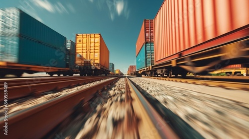 Freight Trains on Railroad Tracks with Motion Blur Capturing Speed and Movement of Cargo Containers