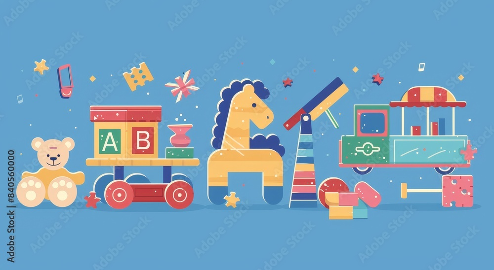 Modern illustration of a set of isolated toys for kids. Doll house, wooden train, rocking horse, teddy bear, xylophone, pyramid, xylophone. Children's games, preschool activities concept. Hand drawn Modern illustration of a set of isolated toys for kids. Doll house, wooden train, rocking horse, teddy bear, xylophone, pyramid, xylophone. Children's games, preschool activities concept. Hand drawn