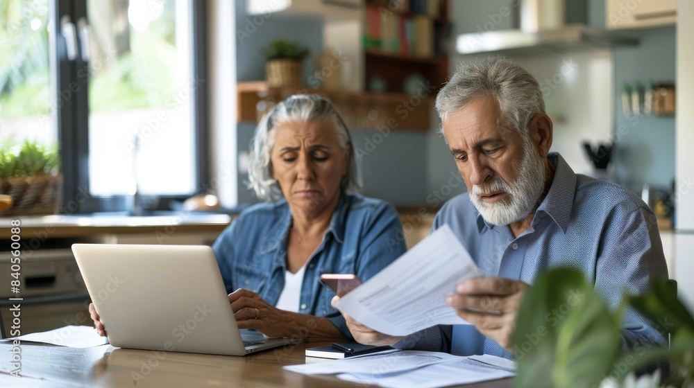 At home, stressed senior couples calculate expenses or plan budgets. At home, stressed senior couples calculate expenses or plan budgets.