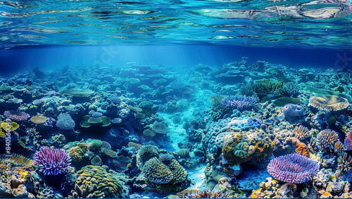coral blue water in the ocean, oceanic view, underwater life scene, coral blue background