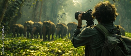 In a dense forest, a wildlife photographer patiently waits for a herd of elephants to emerge from the trees. The image captures the anticipation and excitement of the photographer, as well as the photo