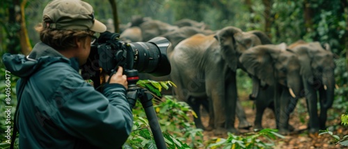 In a dense forest, a wildlife photographer patiently waits for a herd of elephants to emerge from the trees. The image captures the anticipation and excitement of the photographer, as well as the