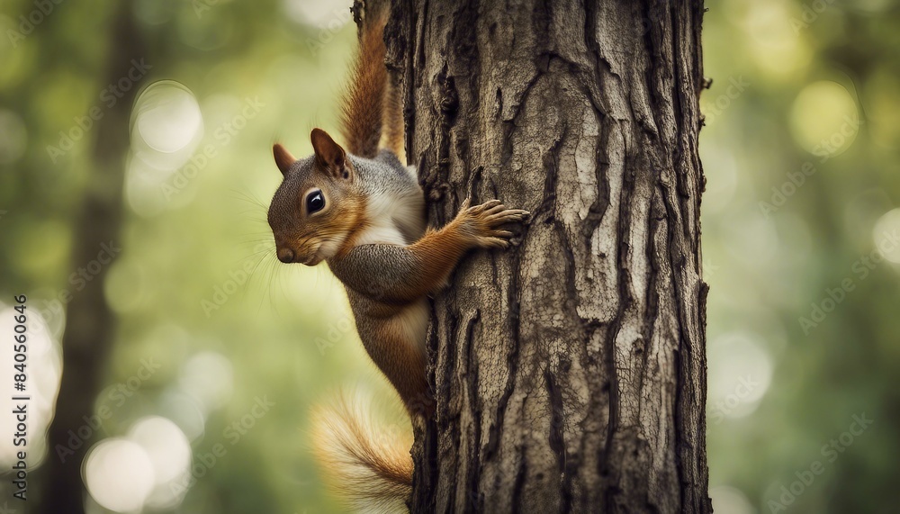 A squirrel hanging from a tree, clinging to the bark for support or food. The whimsical scene is captured in an artistic manner, showcasing the small creature amongst nature's trees. A squirrel hanging from a tree, clinging to the bark for support or food. The whimsical scene is captured in an artistic manner, showcasing the small creature amongst nature's trees.