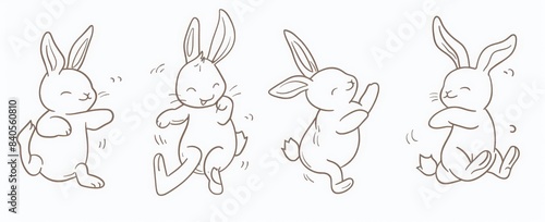 Various doodle bunnies. Dancing, standing, fighting, running rabbits. Hand drawn modern illustration. Simple cartoon creatures. Icon, logo, print templates. Isolated elements. New year symbol.