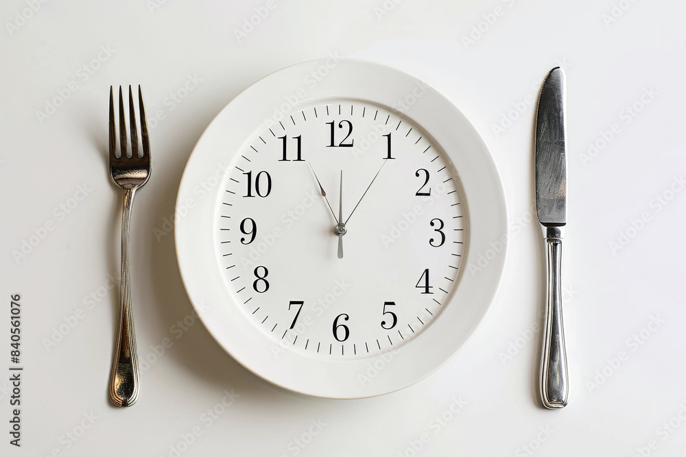 Clock plate with fork and knife concept of intermittent fasting or meal timing on a white background. Clock plate with fork and knife concept of intermittent fasting or meal timing on a white background.