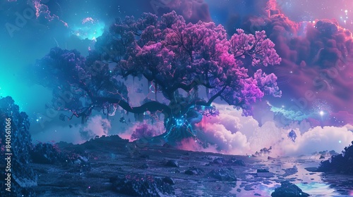 mythical tree of knowledge in surreal vaporwave landscape with floating artifacts digital art
