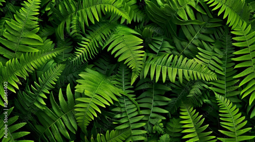 Abstract background of overlapping fern leaves, showcasing rich green textures and patterns