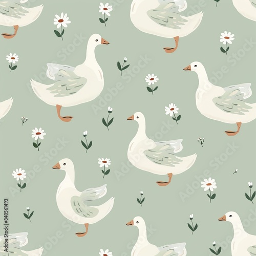 The white geese or ducks are surrounded by flowers of camomile. Hand drawn illustration. Square seamless pattern. Background  wallpaper. Repeating design element.