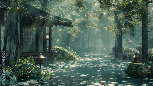 Serene Japanese garden featuring a traditional house by a pond with lily pads  illuminated by soft morning sun rays through the trees.