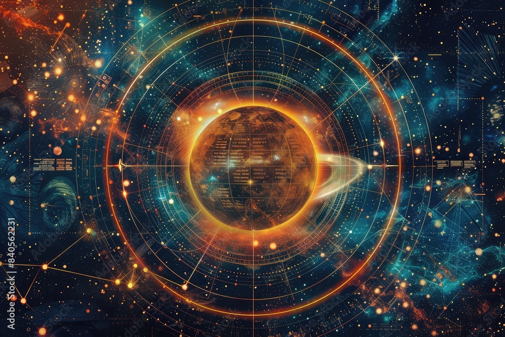 Fototapeta premium Abstract planet and space background. Astrology chart with stylized planetary alignment around. System of planets. Beautiful galaxy background