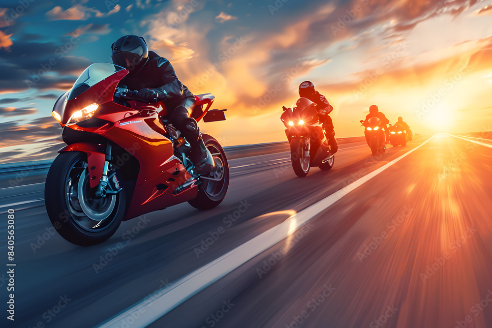 Obraz premium A group of super sport motorcycle riders speeding down a scenic highway at sunset, capturing the thrill and freedom of the open road